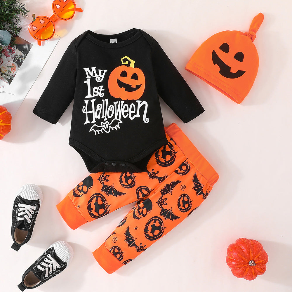 baby halloween pumpkin print long-sleeve romper + pants + hat three-piece set