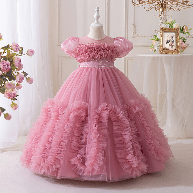 Ready-to-ship girls' evening gown long tulle dress flower girl wedding dress birthday party piano recital sweet elegant princess dress