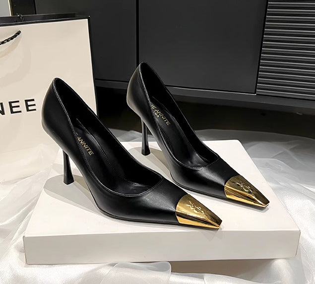 2026 spring european and american fashion stiletto pointed-toe pumps with microfiber lining, metal embellishments, and breathable summer ultra-high heels for women