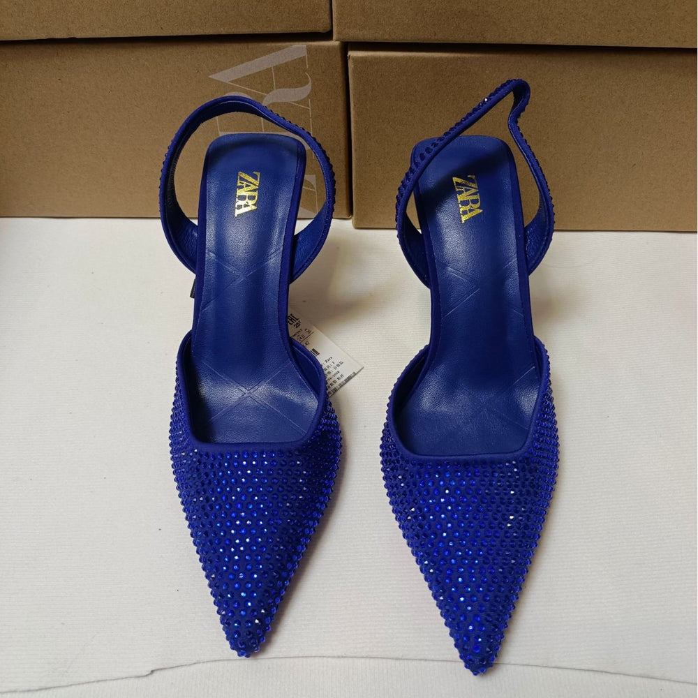 Za summer new 2024 high heel women's shoes - french pointed toe rhinestone embellished fashion back strap open heel stiletto pumps