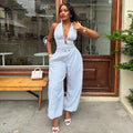 European and american women's clothing  autumn new sweet and fresh striped halter neck high waist slimming tapered leg jumpsuit pants