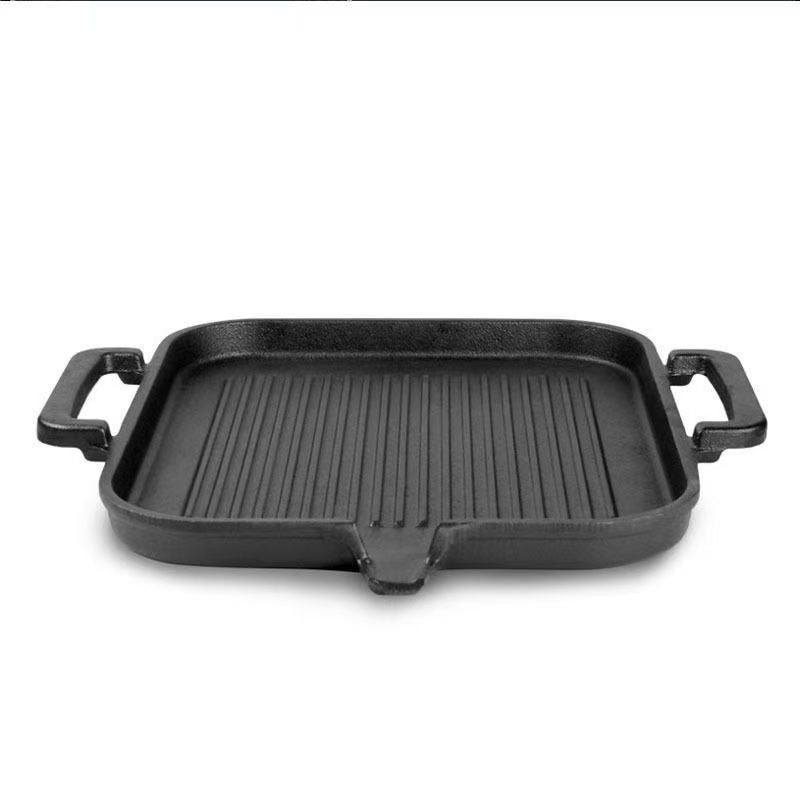 Cast iron square double handle flat bottom striped steak barbecue frying pan grilled beef fried fish fillet striped without chemical coating