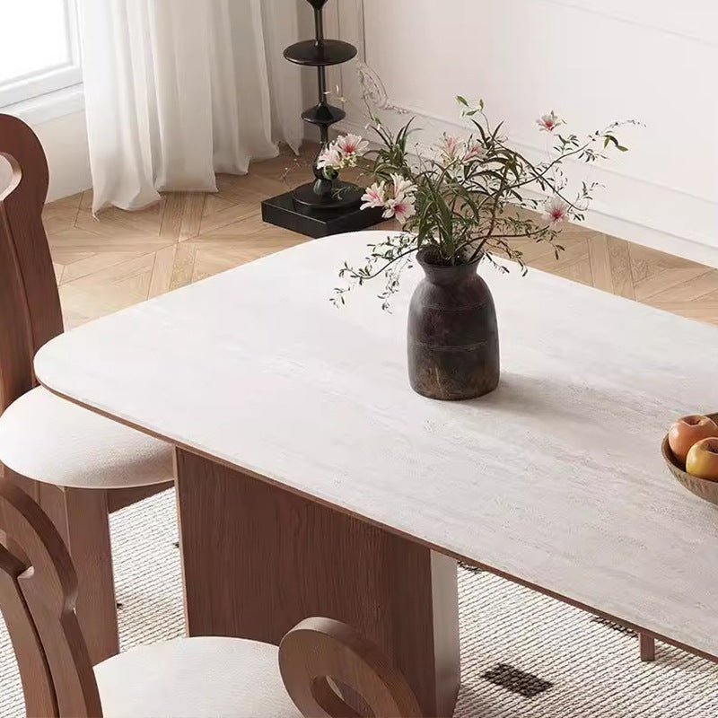 Cream solid wood rock slab dining table chair 2024 new Internet celebrity antique family small apartment travertine ash wood