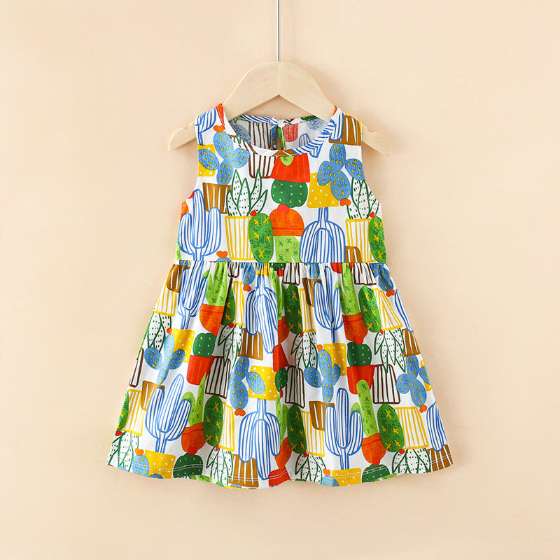 New summer girls' dress - girls' sundress with blue leaf zebra print - pure cotton dress - princess style - kids' beach dress