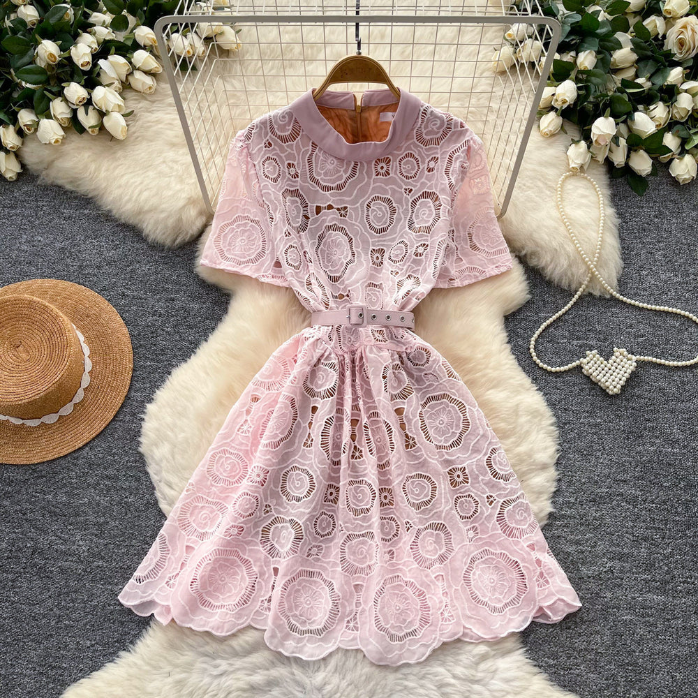 French chic pink cutout lace dress - women's summer high-style workwear, slimming a-line dress