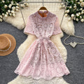 French chic pink cutout lace dress - women's summer high-style workwear, slimming a-line dress