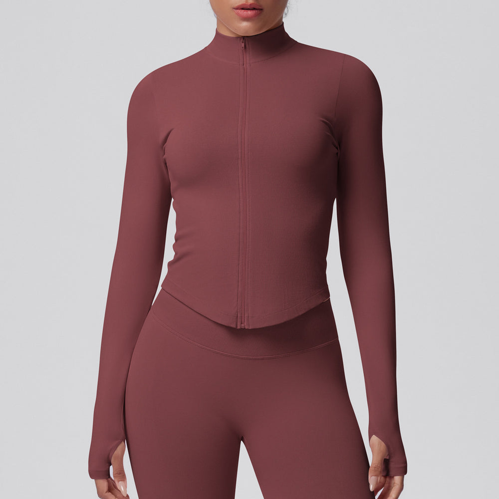 seamless pure color tight high elastic breathable stand collar zipper outwear sports running fitness yoga wear tops for women
