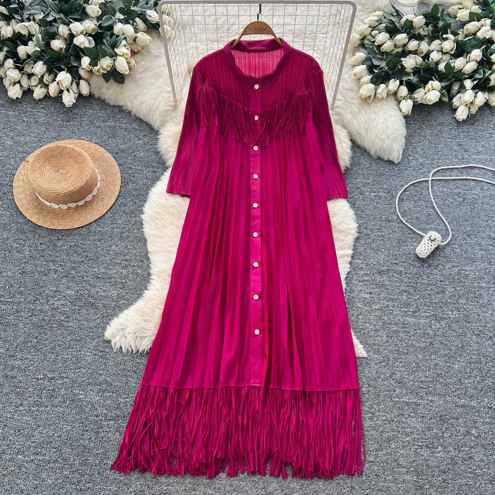 Elegant and chic tassel-trimmed loose-fit dress - women's commute-ready, high-end, slimming a-line long-sleeve shirt dress