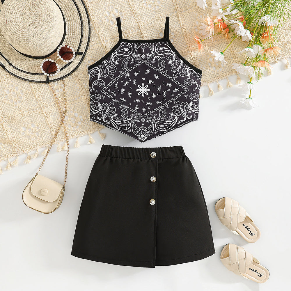 girls' summer outfit: paisley print cami top with black shorts skirt - two-piece set for summer baby girls and children