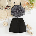 girls' summer outfit: paisley print cami top with black shorts skirt - two-piece set for summer baby girls and children