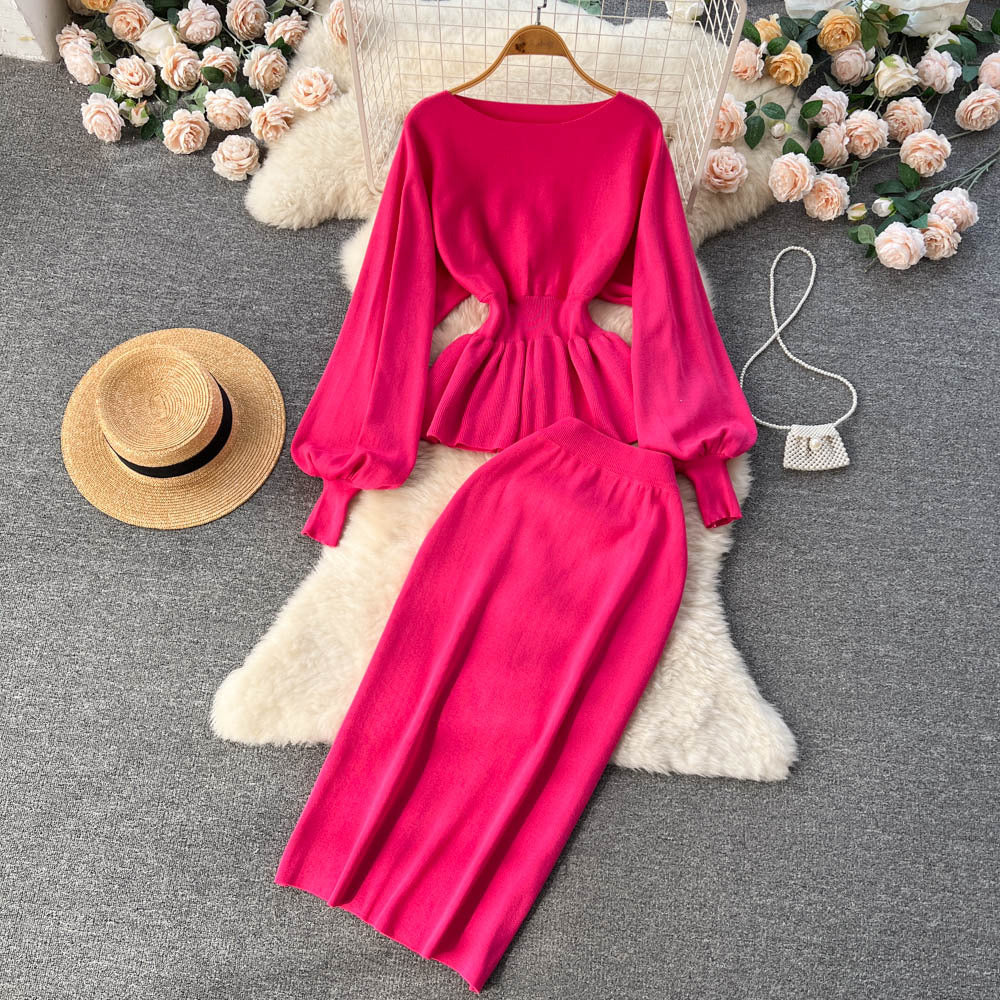 Autumn/winter french chic two-piece set: designer ruffle-trimmed lantern sleeve top + bodycon midi skirt