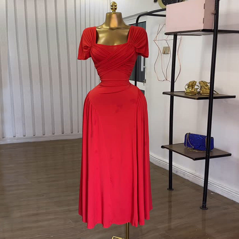 European and american cross-border women's fashion:  summer new arrival - elegant solid color square neck high-waisted a-line short sleeve midi dress