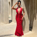 european and american cross-border new women's sexy deep v backless bodycon dress with tie-up ruched mermaid skirt