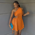 European and american cross-border women's fashion:  autumn new arrival - solid color sleeveless one-shoulder sexy cutout pleated elegant dress