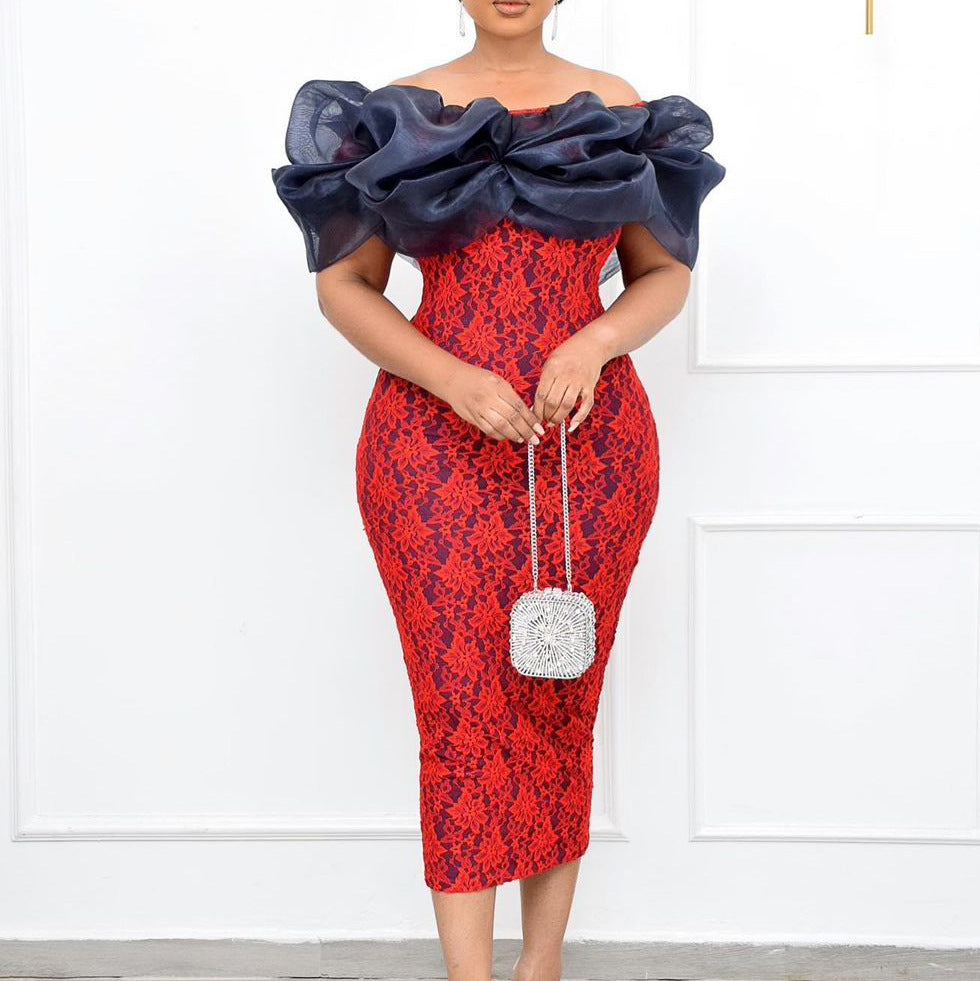 D189    new off-the-shoulder lace and mesh party dress - european and american style