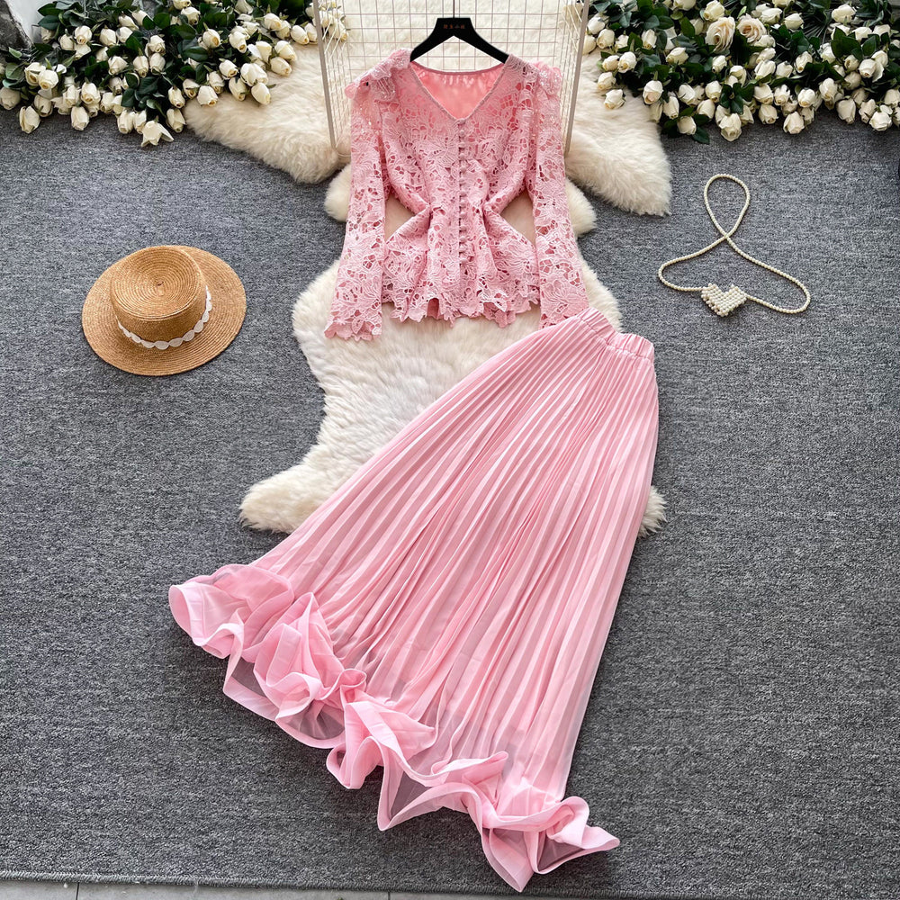 French chic v-neck lace top & high-waisted pleated skirt two-piece set - autumn's elegant & luxurious choice