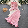 French chic v-neck lace top & high-waisted pleated skirt two-piece set - autumn's elegant & luxurious choice
