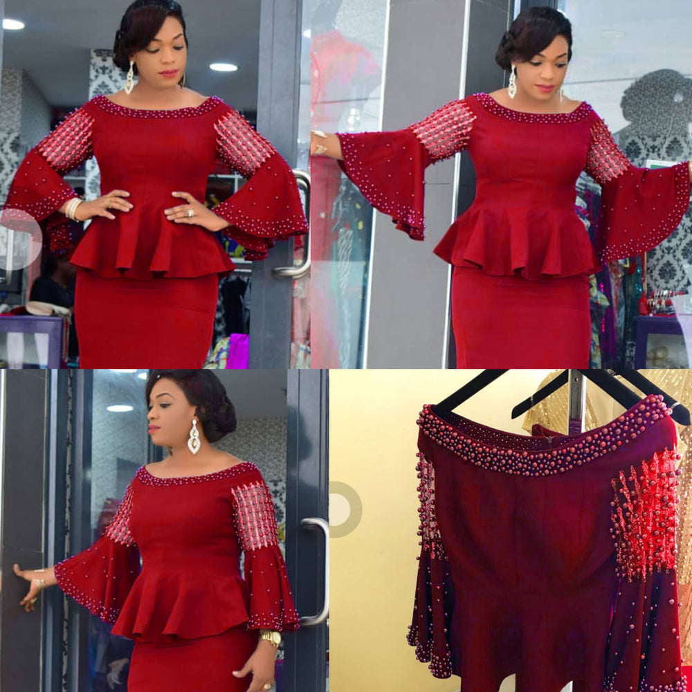 supply horn sleeves beaded sparkling sequin waist lotus leaf tops + skirt suit hot sale special price big sale