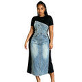 european and american cross-border  denim patchwork midi dress - unique design for women
