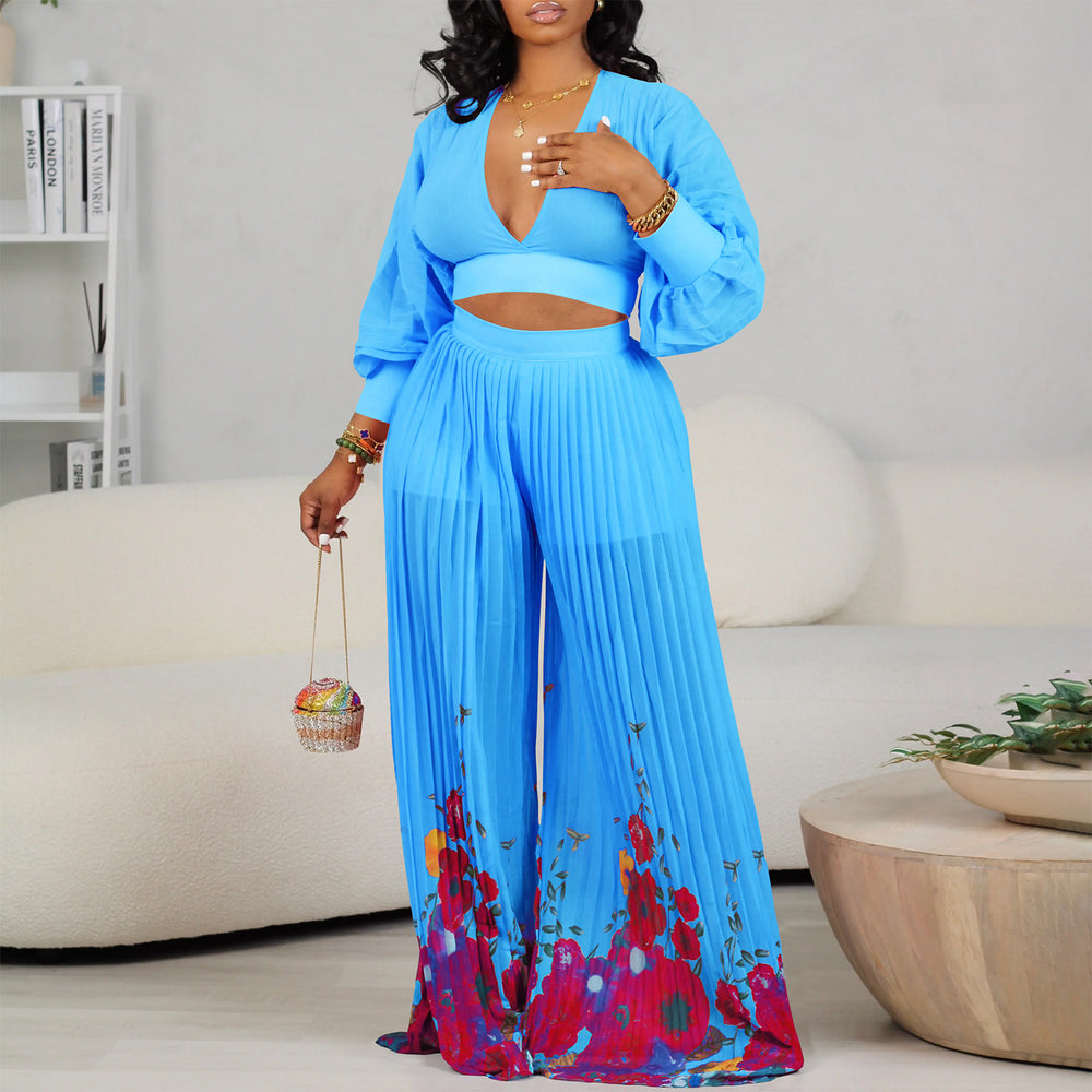 D440 independent station foreign trade wholesale v-neck chiffon lantern sleeve tops pleated wide-leg pants two-piece set fashion suit