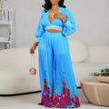 D440 independent station foreign trade wholesale v-neck chiffon lantern sleeve tops pleated wide-leg pants two-piece set fashion suit