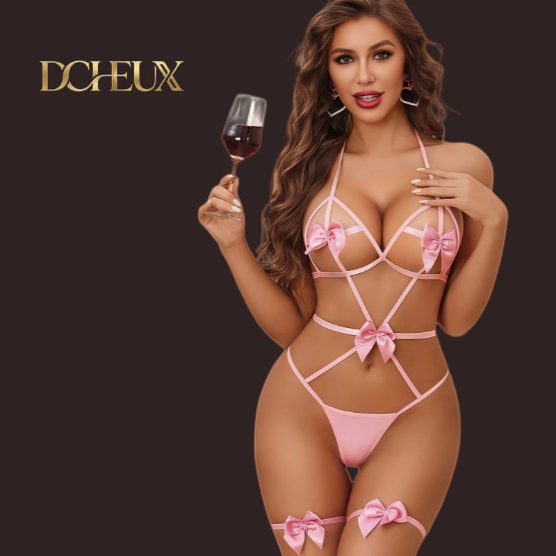 Dcheux cross-border  new european and american bowknot temptation three-point sexy lingerie set - hollow out women's wholesale