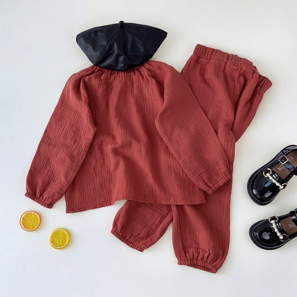 ins style girl cotton and linen home clothes new arrivalk-styleplaid infant long sleevessuit baby autumn clothes