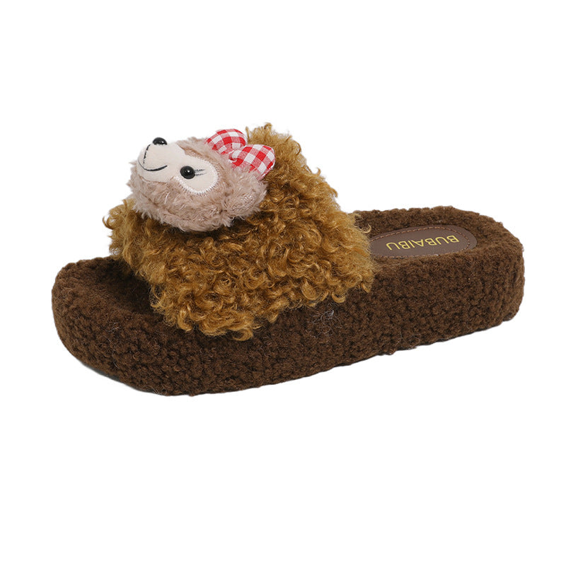 Cute shirley rose curly teddy hair thick cashmere cotton slippers women's fall and winter outwear non-slipheattech open toe cotton