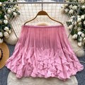 K-stylesense of design petal mesh patchworkshirt women's one shoulder cut out sleeveless looseslimming lookclassytops