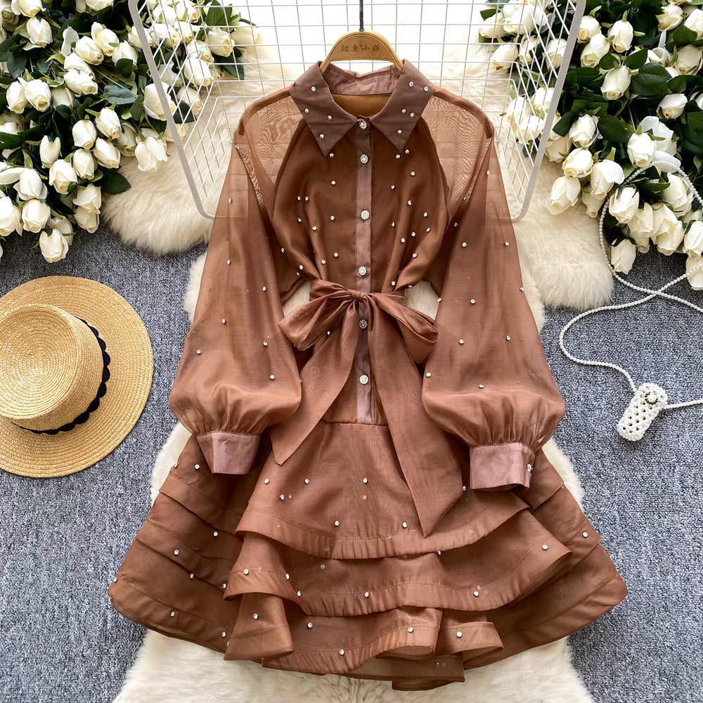 Frenchclassy heavy industry diamond-encrusted rufflesdress women's spring dress with straps and waist elegant lace fluffy dress