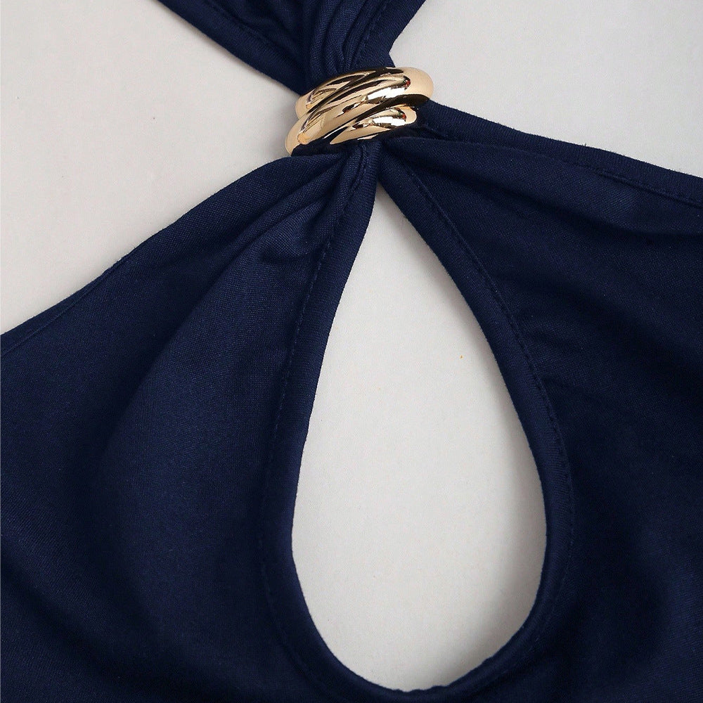 Gold ring buckle halter top - women's summer outerwear & inner layering - sexy & sweet mini top - halter design top