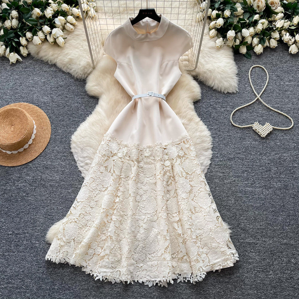 Elegant lace patchwork high-waisted a-line dress - slimming, figure-flattering, and perfect for summer events