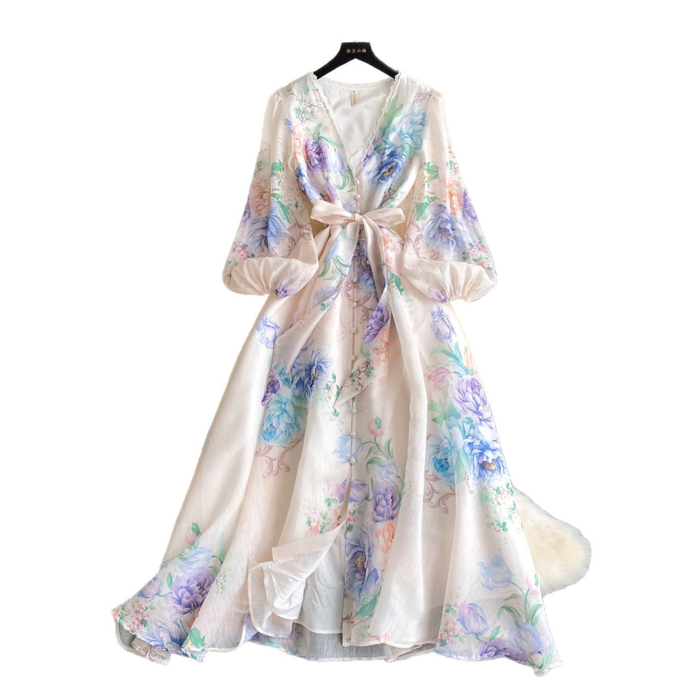 French sweet style printed flared sleeve dress - women's spring long sleeve, slimming a-line maxi dress - commute chic & elegant