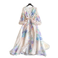French sweet style printed flared sleeve dress - women's spring long sleeve, slimming a-line maxi dress - commute chic & elegant
