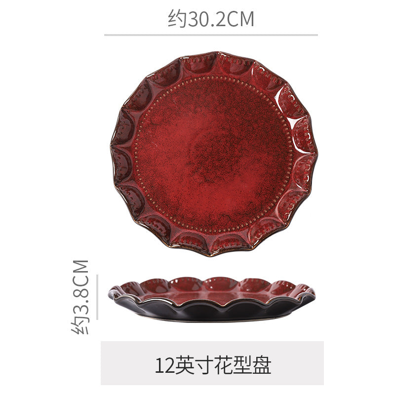 Personalized burgundy ceramic restaurant hotel tableware embossed exquisite fruit dessert plate tea tray for home dish plate salad bowl