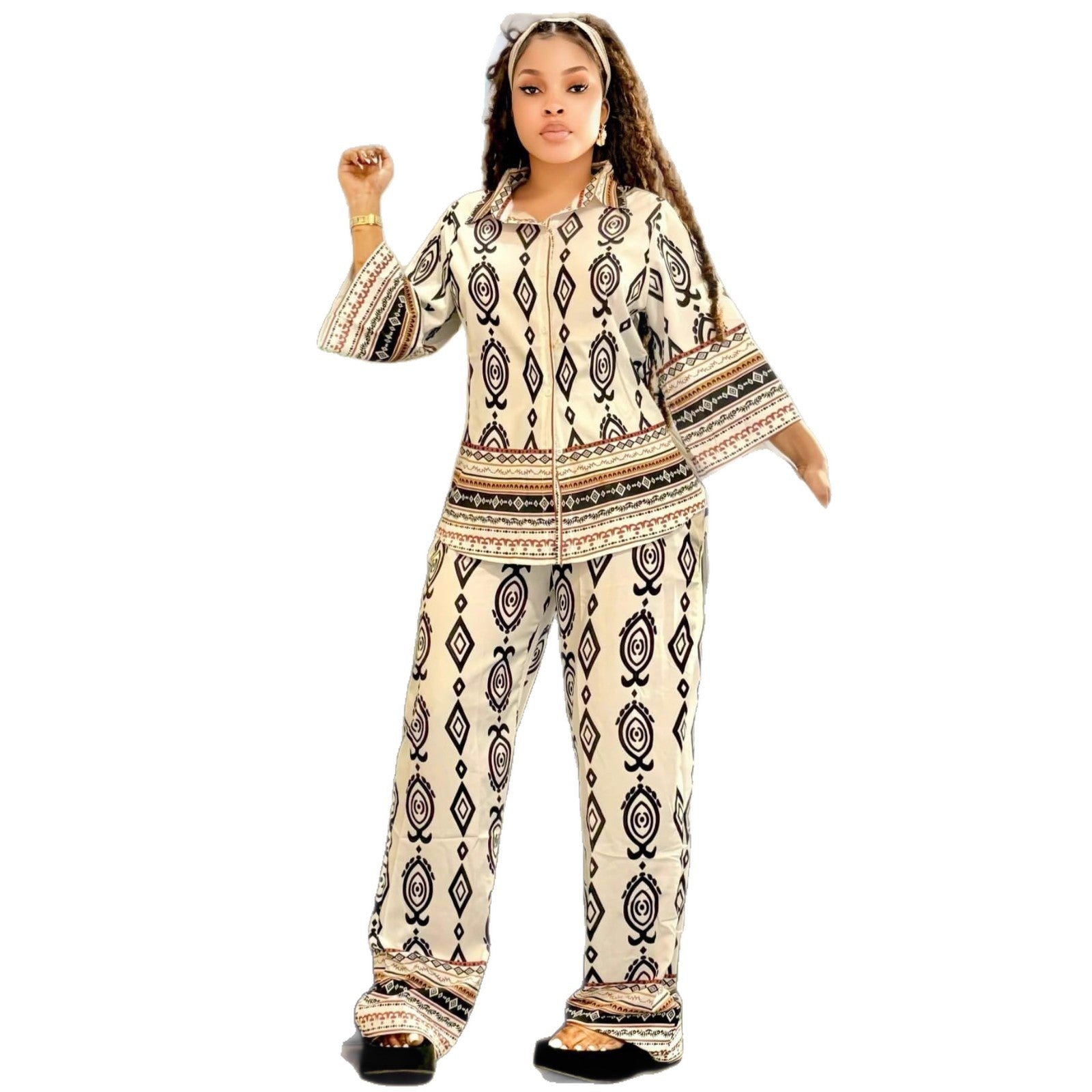 European and American large-size women's clothing long-sleeved lapel positioning printed cardigan shirt wide-leg trousers African new two-piece set women