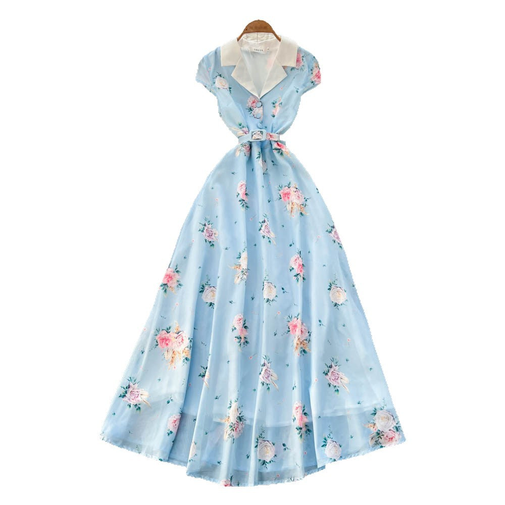 French retro floral sleeveless dress - women's summer v-neck, slimming a-line maxi dress, vacation style - blue
