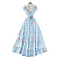 French retro floral sleeveless dress - women's summer v-neck, slimming a-line maxi dress, vacation style - blue