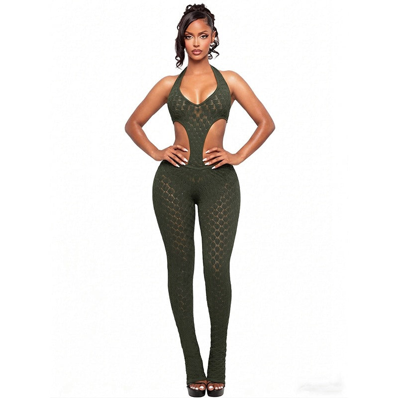 nightclub style sexy hot girl pure color see-through silmslimming lookknitting deep v jumpsuit one-piece jumpsuit