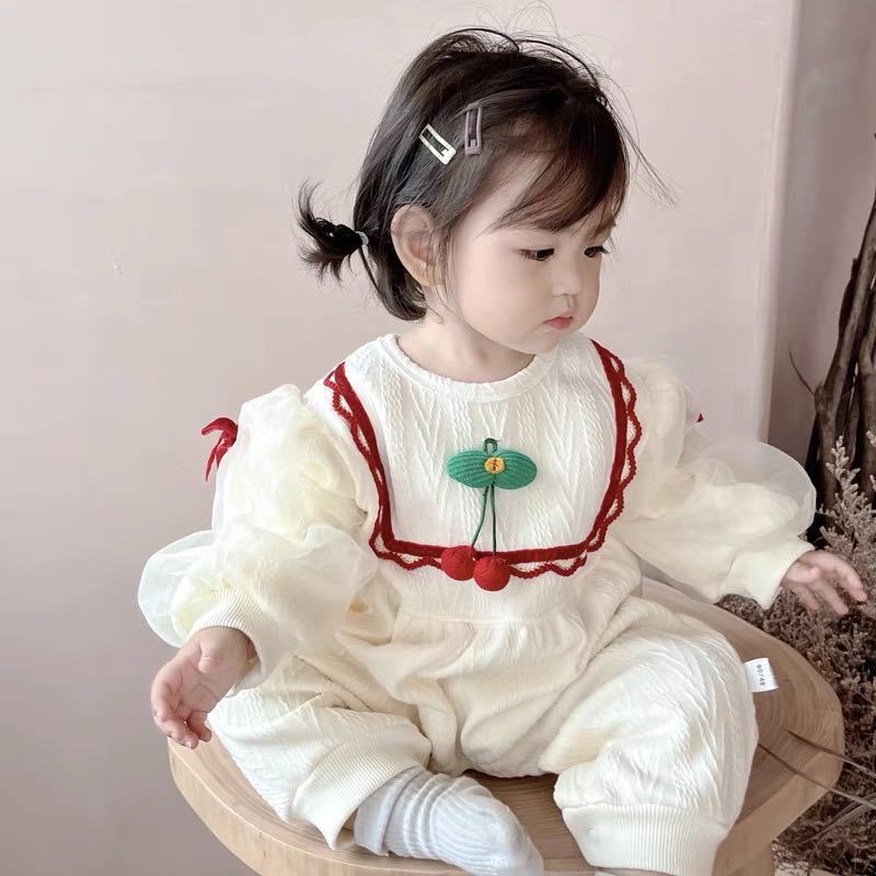 Baby rompers autumn winter female baby fleece-lined haki rompers newborn jacquard cherry heattech rompers haki