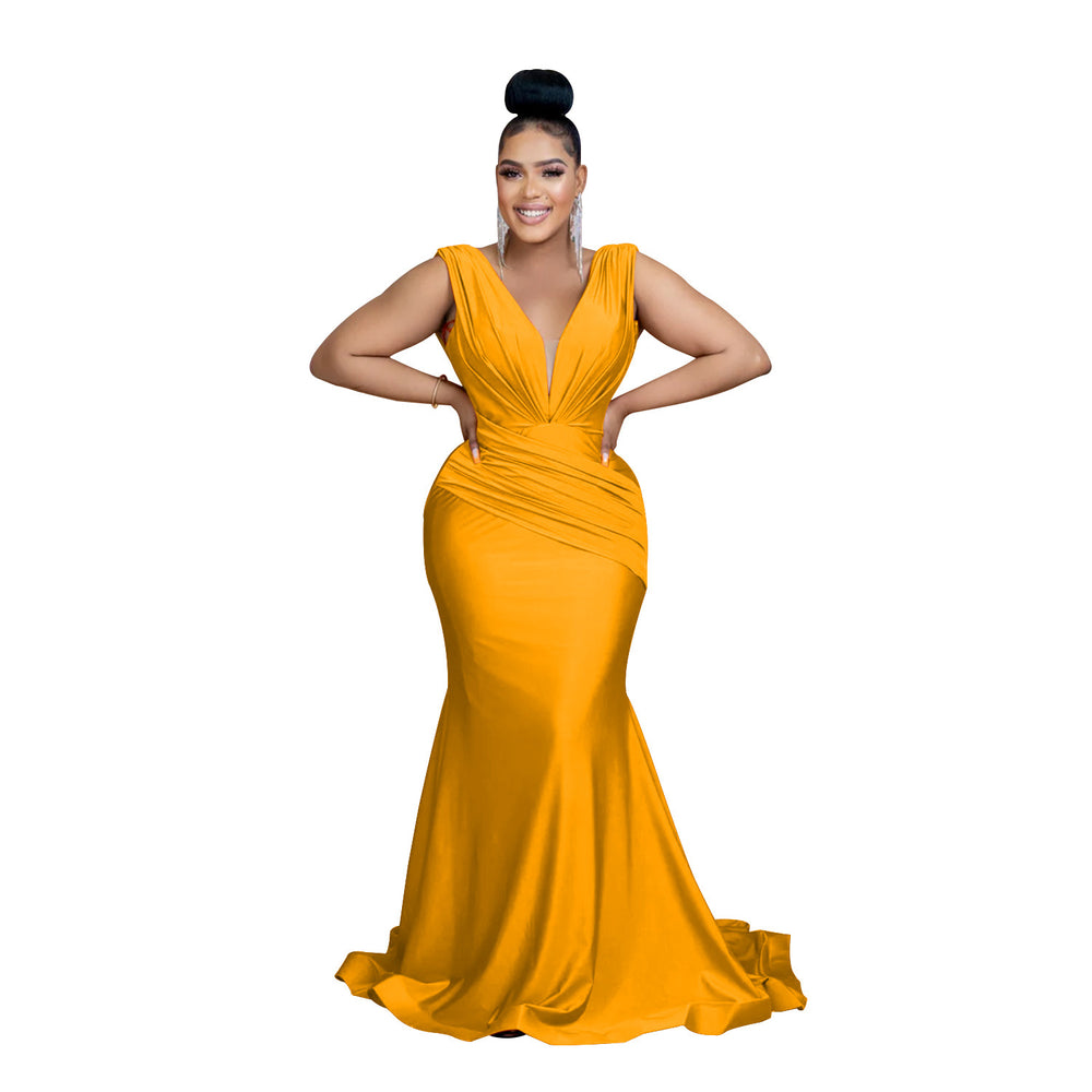 C6357 cross-border   fashion women's solid color v-neck sleeveless ruched maxi dress
