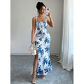 Women's printed spaghetti strap maxi dress with cinched waist and slit – elegant spring/summer outfit for evening events and vacations