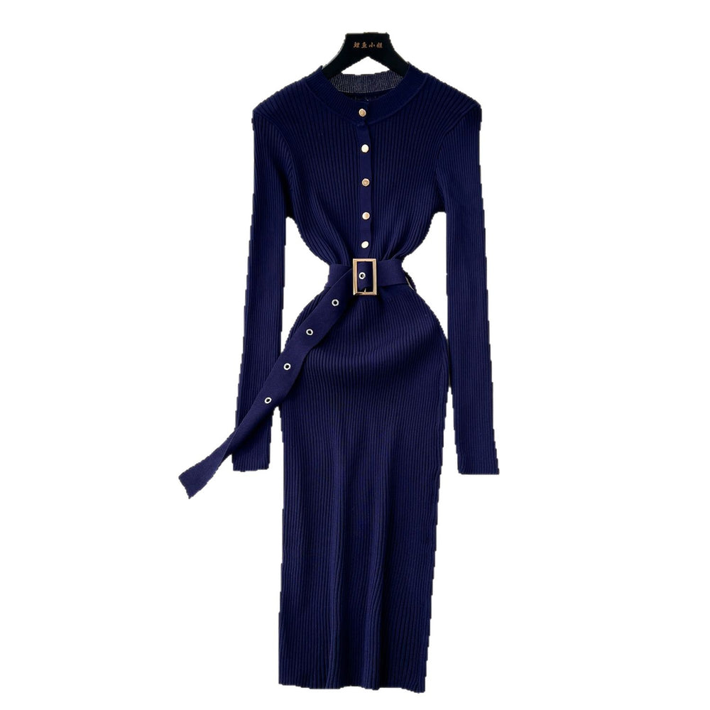 Minimalist chic knit long sleeve dress - women's autumn belted slim fit elegant mature style maxi dress