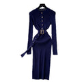 Minimalist chic knit long sleeve dress - women's autumn belted slim fit elegant mature style maxi dress
