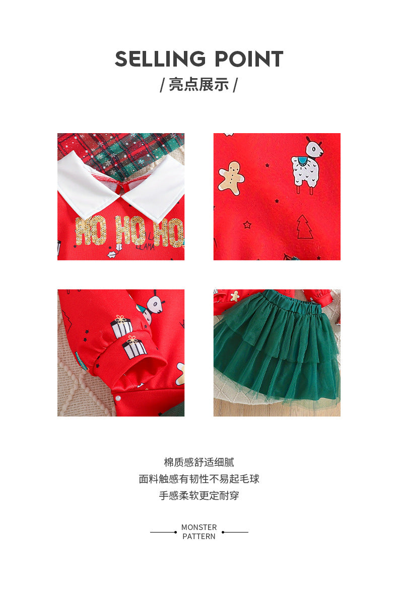 kidssuit red lapel sweatshirt cartoon printing two-layer gauze cake skirt festival girl skirt two pieces