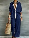 Exportplus size relaxation work clothing set retro gray linen shirt elastic waist side strips wide leg pants two-piece set