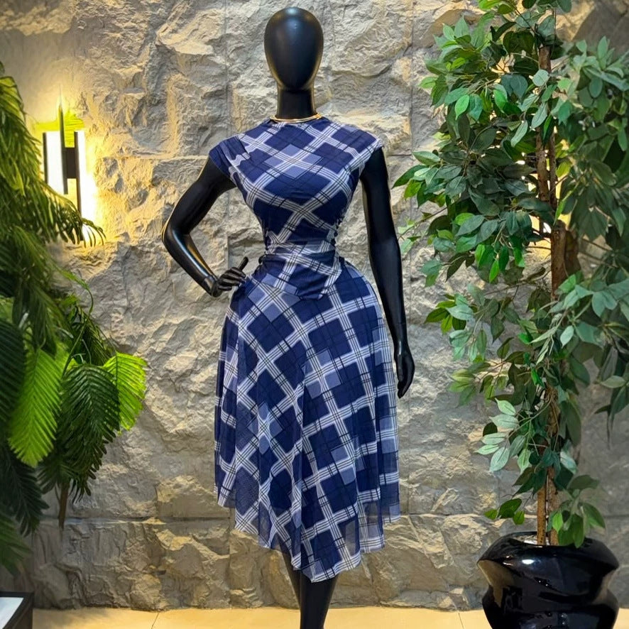European and american cross-border women's fashion  summer new arrival: elegant retro round neck plaid top and asymmetrical midi skirt set