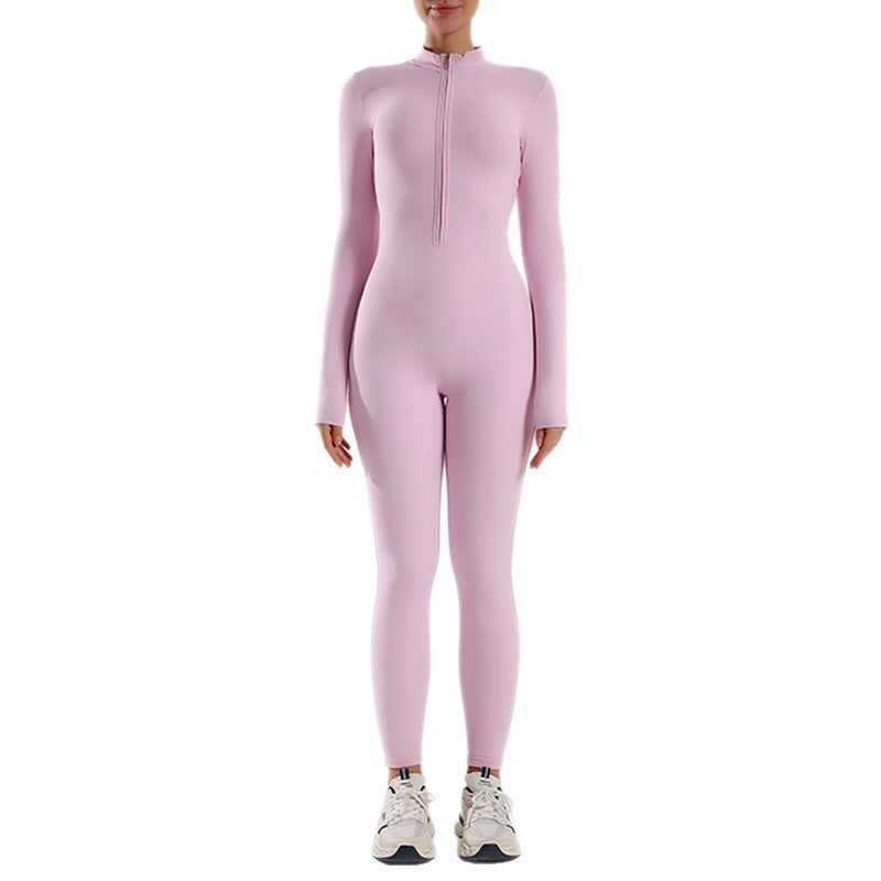 One-piece nude zipper stand-up collar slim-fitting long-sleeved one-piece yoga suit women's running fitness sports full-body onesie
