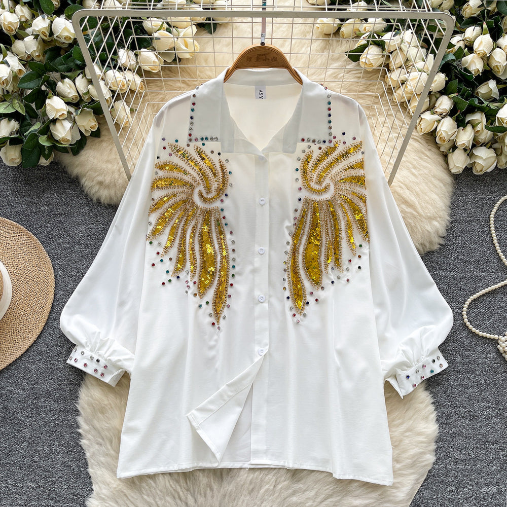 European and american style high-end lantern sleeve blouse - women's autumn heavy embellishment sequin & rhinestone loose fit design - executive lady top