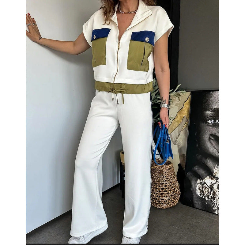 cross-border fashion zip-up top and pants color block two-piece set plus size outerwear